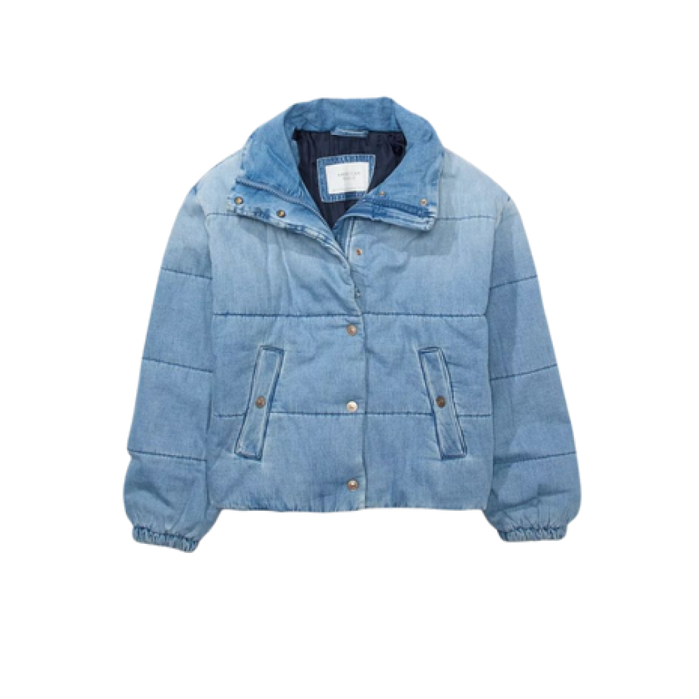 Denim Cropped Bomber Puffer Jacket