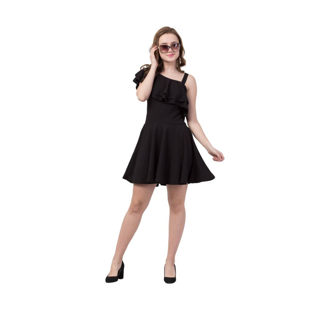 black ruffle skater dress Black boohoo Gathered Waist Ruffle Detail Skater Dress