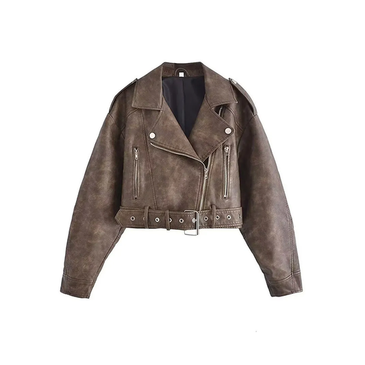 Brown Distressed Oversized Biker Jacket