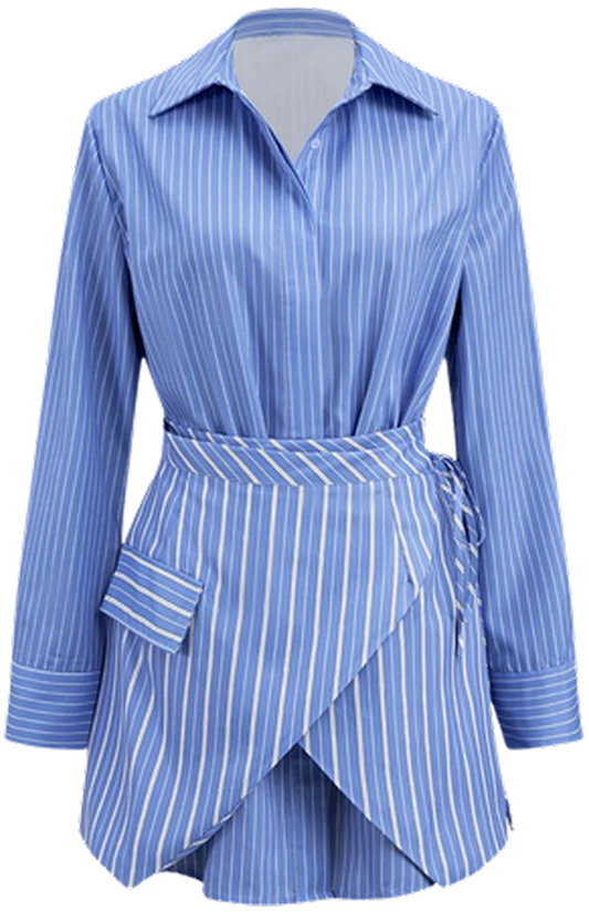Striped Shirt Dress with Wrap Tie Waist
