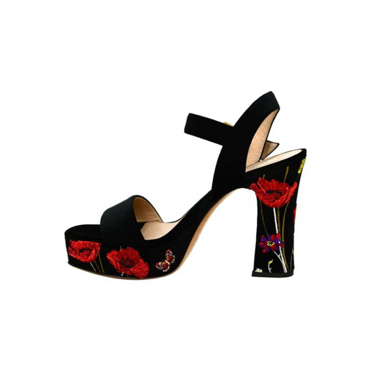 Black Velvet Floral Strap Sandals