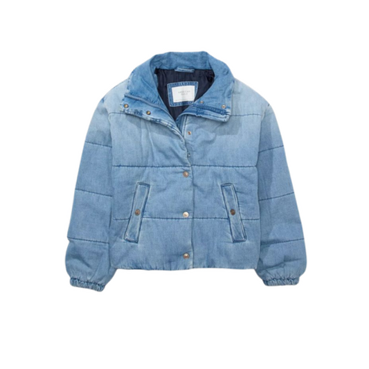 Denim Cropped Bomber Puffer Jacket